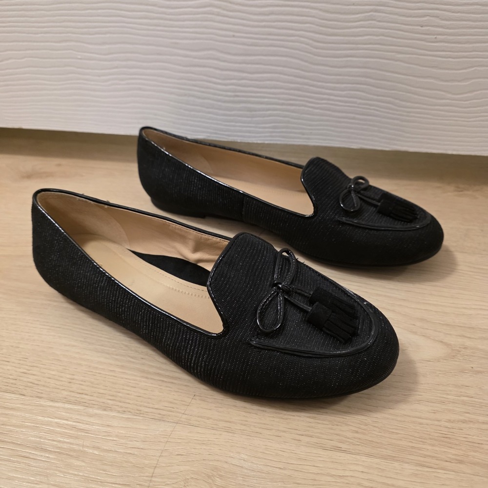 Nurture Gabbey Black Textured Leather Bow Tassels Classic Loafers Size 9M